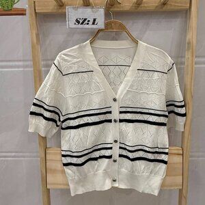 Cream Black Stripe Pointelle Knit Cardigan V-Neck Button Down Top